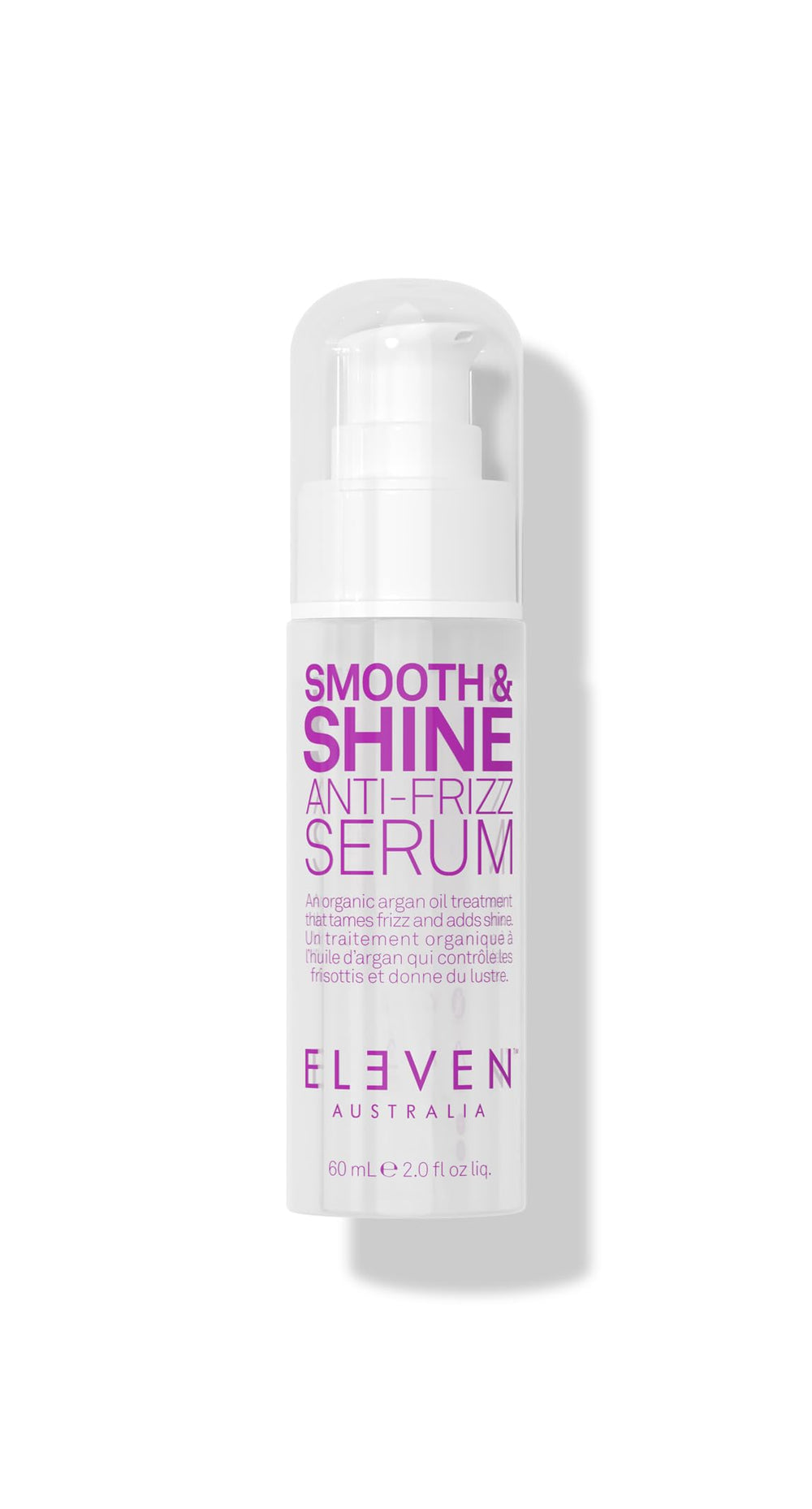 ELEVEN AUSTRALIA Smooth & Shine serum bottle shows lightweight frizz control for sleek hair.