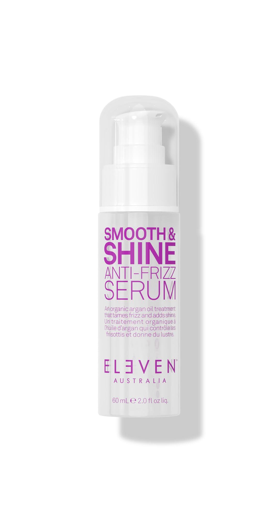 ELEVEN AUSTRALIA Smooth & Shine serum bottle shows lightweight frizz control for sleek hair.