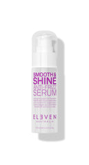 ELEVEN AUSTRALIA Smooth & Shine serum bottle shows lightweight frizz control for sleek hair.