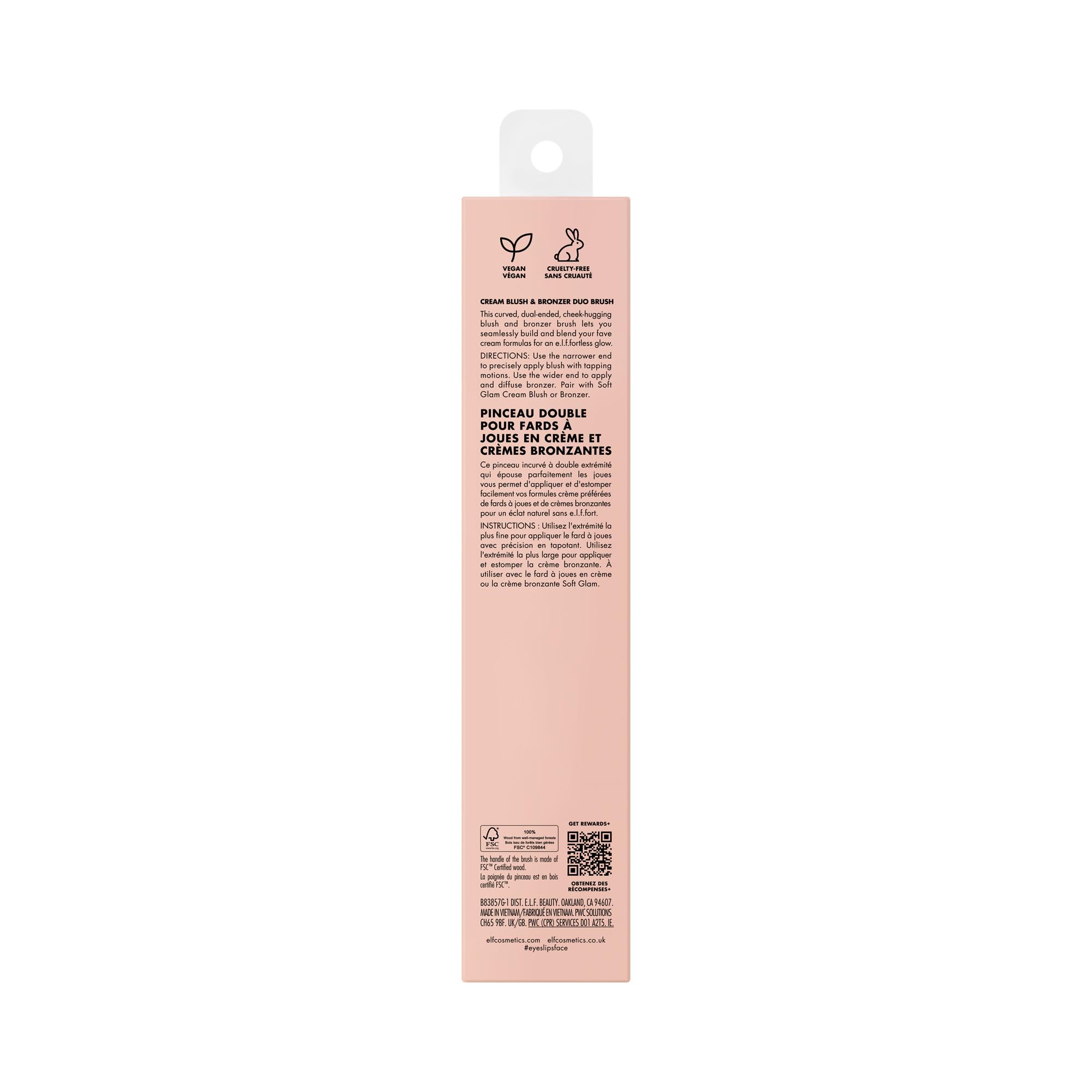 e.l.f. brush packaging and label showing vegan and cruelty-free badges
