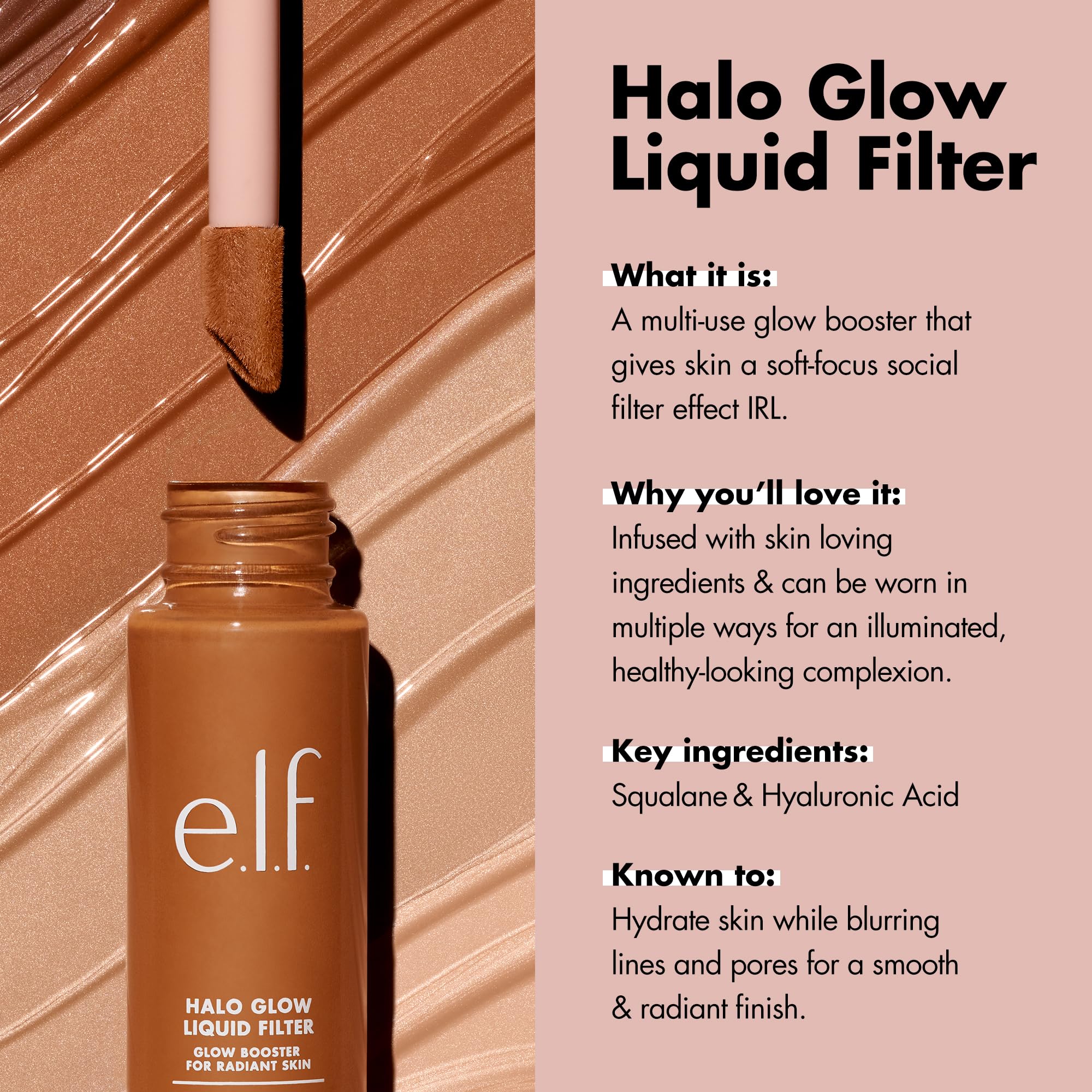 e.l.f. Halo Glow Liquid Filter applied on cheek highlights glow