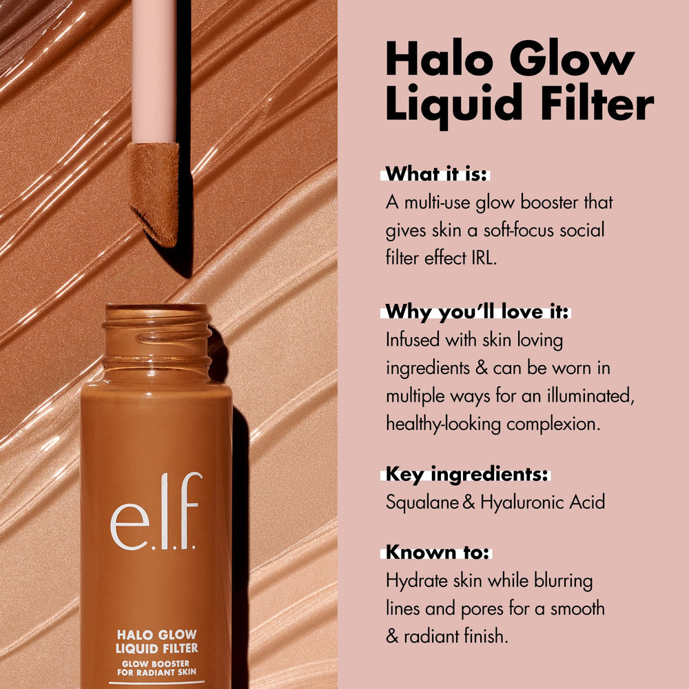 e.l.f. Halo Glow Liquid Filter applied on cheek highlights glow