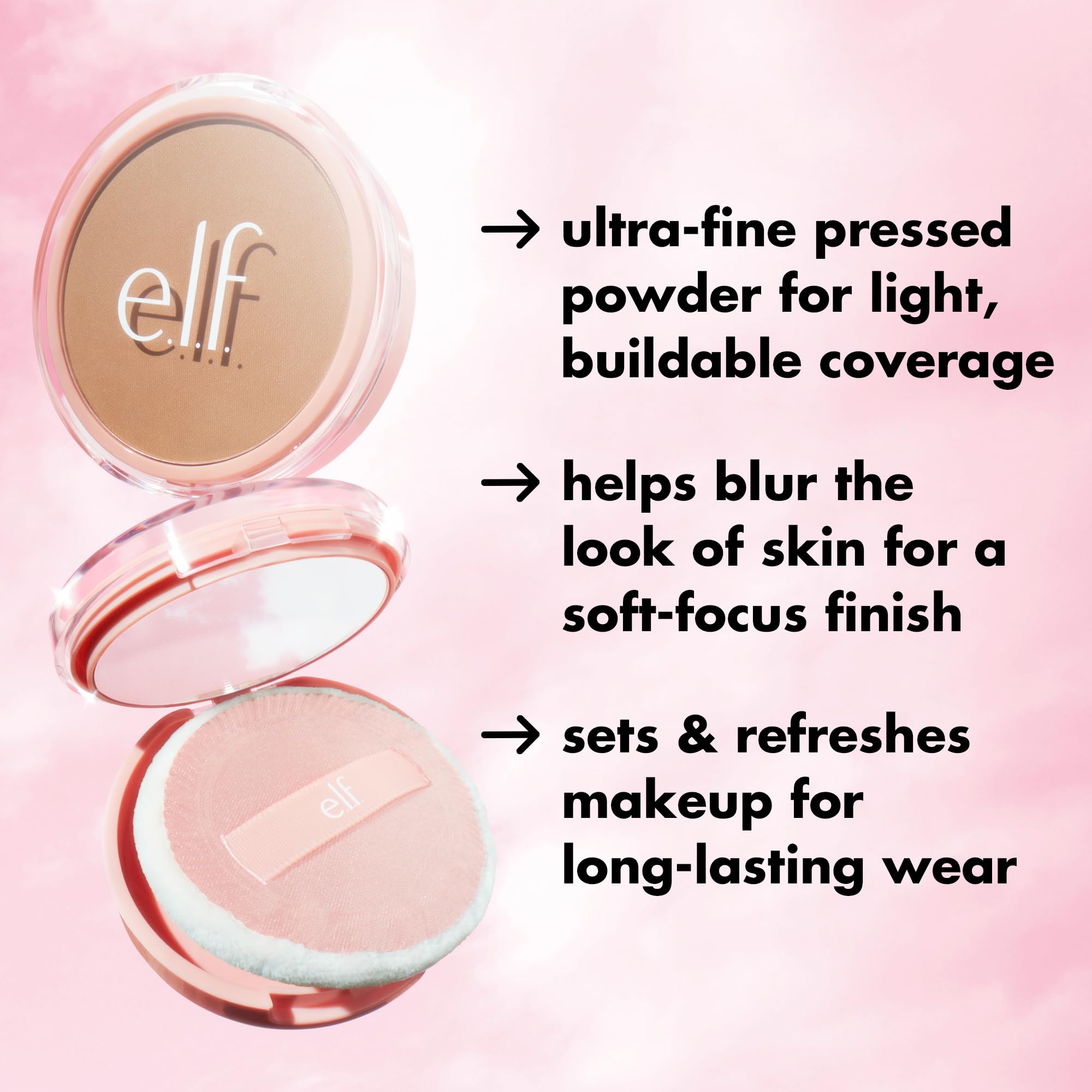 e.l.f. Halo Glow Powder Filter velour puff press for crease-free finish.