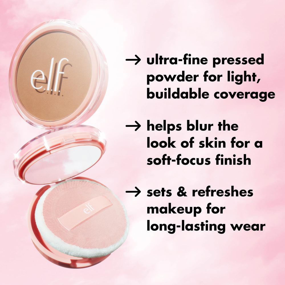 e.l.f. Halo Glow Powder Filter velour puff press for crease-free finish.