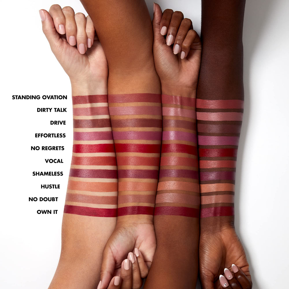 e.l.f. O Face Satin Lipstick on lips in Untamed shade for everyday wear