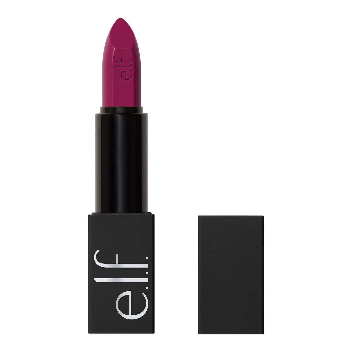 e.l.f. O Face Satin Lipstick tube closeup showing rich pigment for bold color