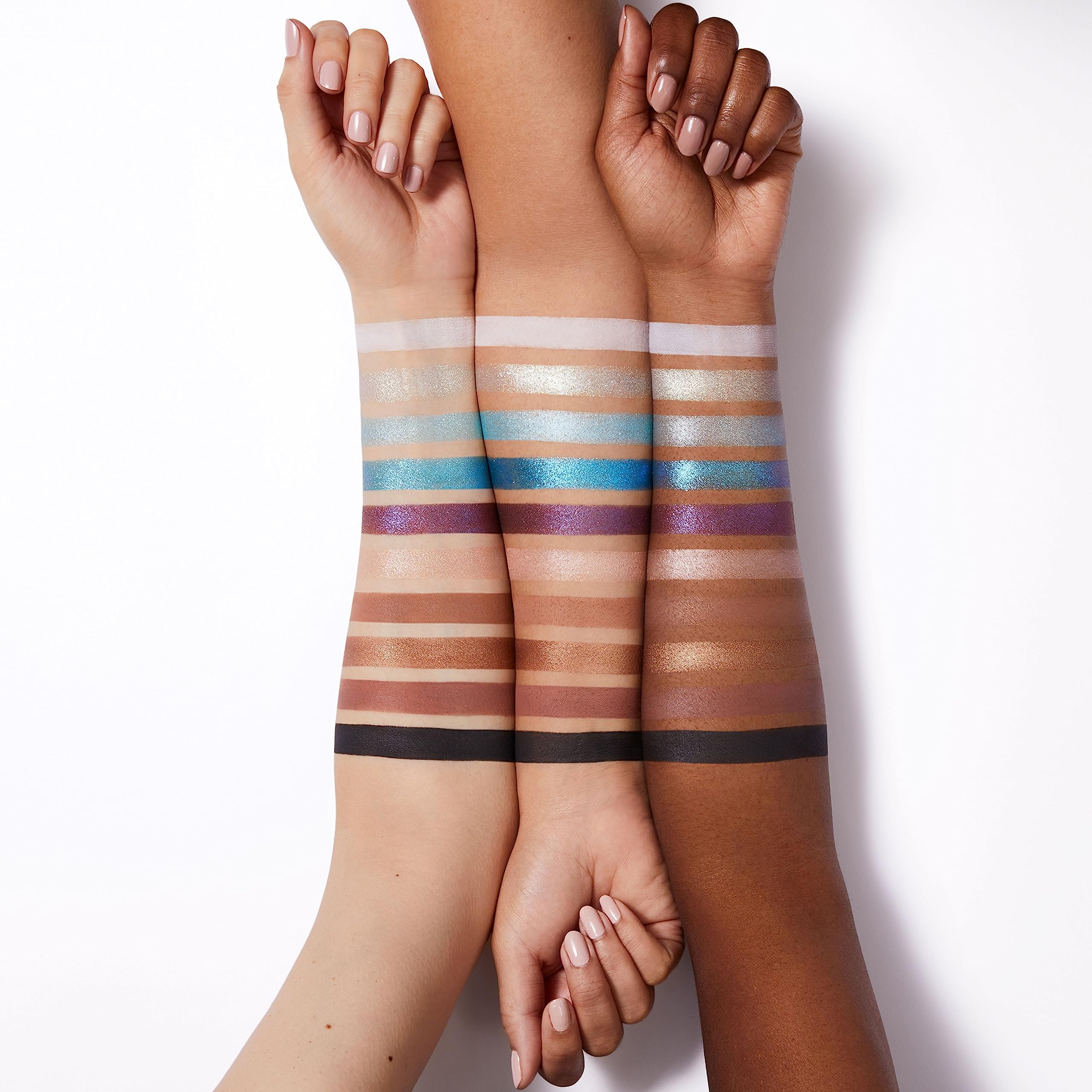 e.l.f. Perfect 10 swatches on skin demonstrate blendable color and shimmer finishes