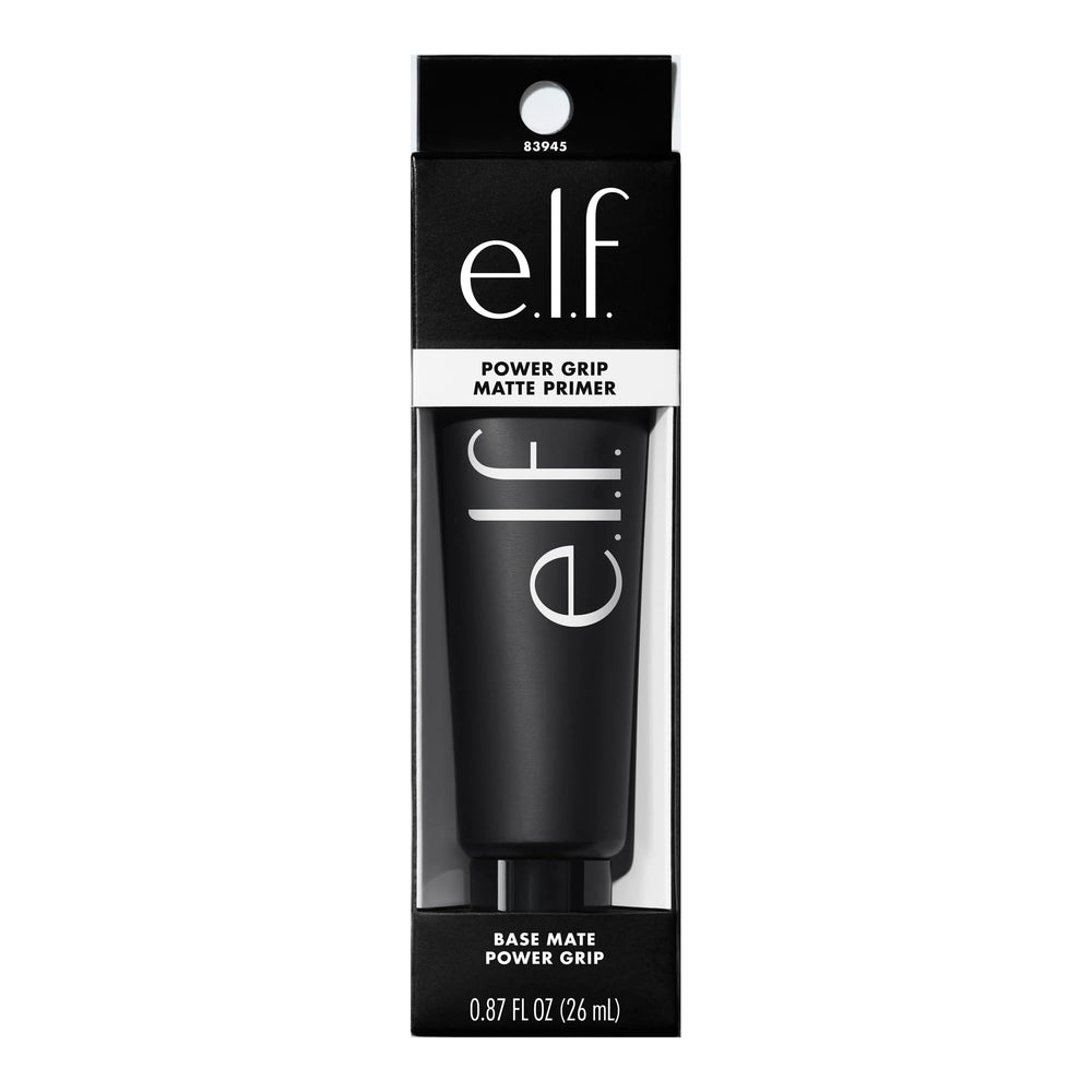 e.l.f. Power Grip Matte Primer bottle beside lemon myrtle ingredients for glow-free effect.