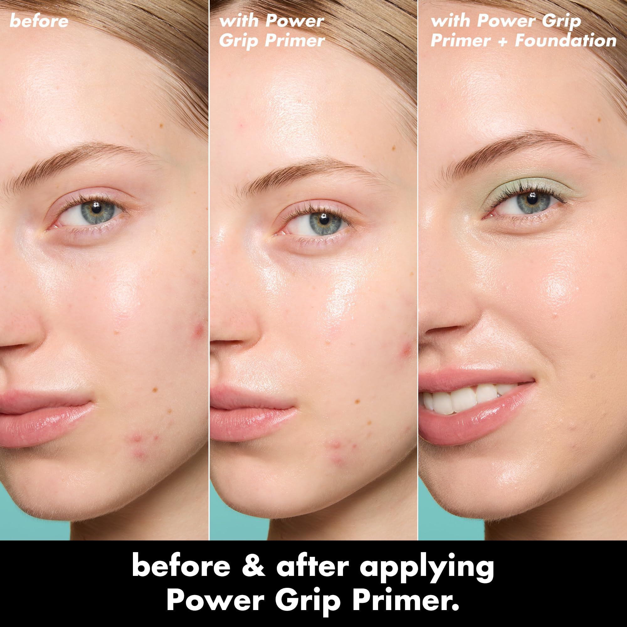 e.l.f. primer applied to cheek before foundation illustrating smoother, primed skin surface