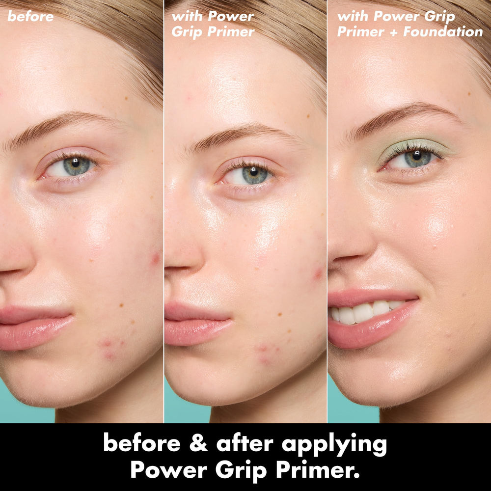 e.l.f. primer applied to cheek before foundation illustrating smoother, primed skin surface