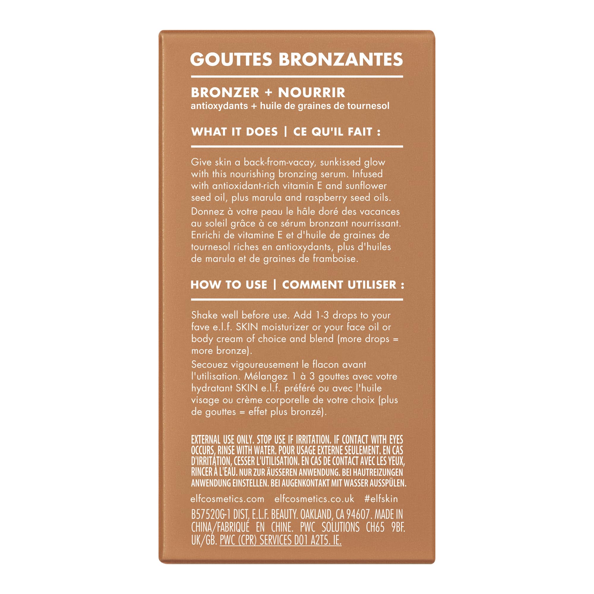 e.l.f. SKIN Bronzing Drops packaging box emphasizes gift-ready, sustainable vegan skincare