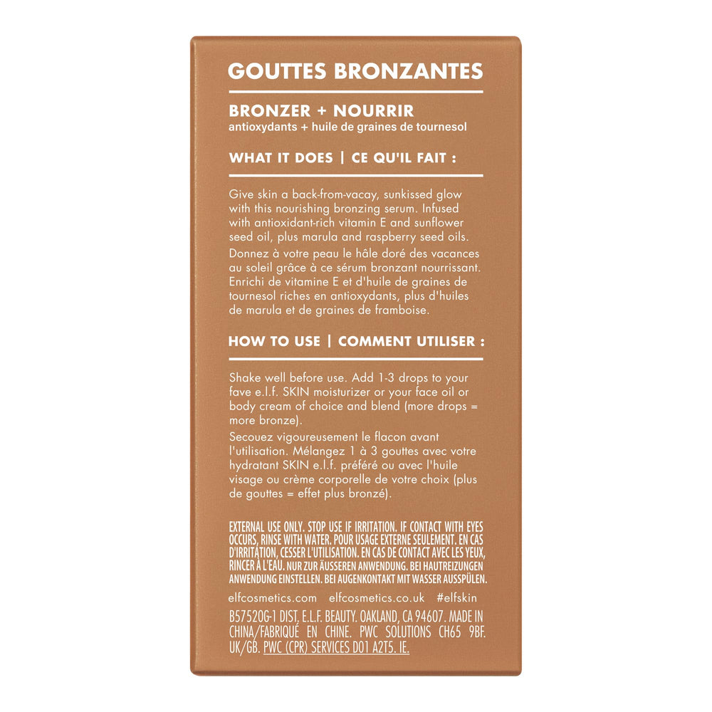 e.l.f. SKIN Bronzing Drops packaging box emphasizes gift-ready, sustainable vegan skincare