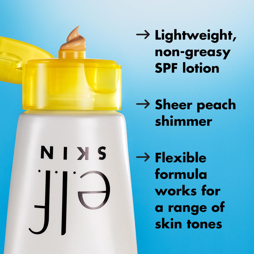 e.l.f. Suntouchable Whoa Glow SPF 30 peach-toned glow on skin—makeup-ready radiance