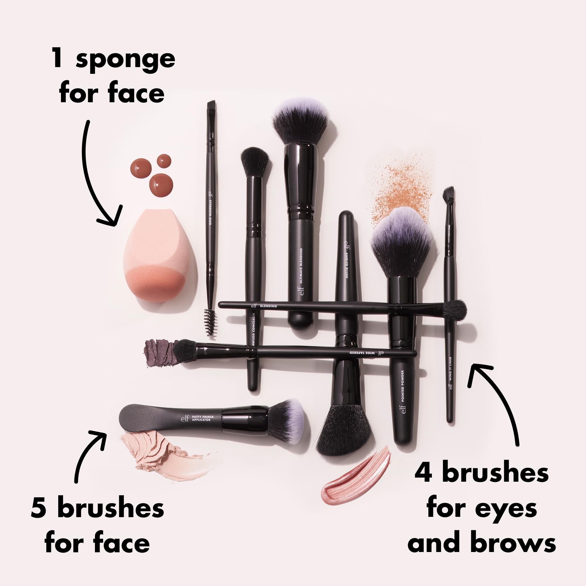 e.l.f. Ten Out Of Ten face brushes lay neatly for precise powder and liquid foundation application.