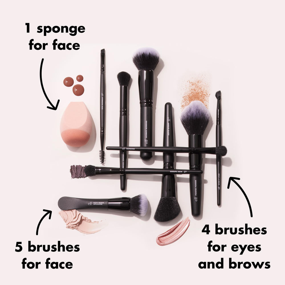 e.l.f. Ten Out Of Ten face brushes lay neatly for precise powder and liquid foundation application.