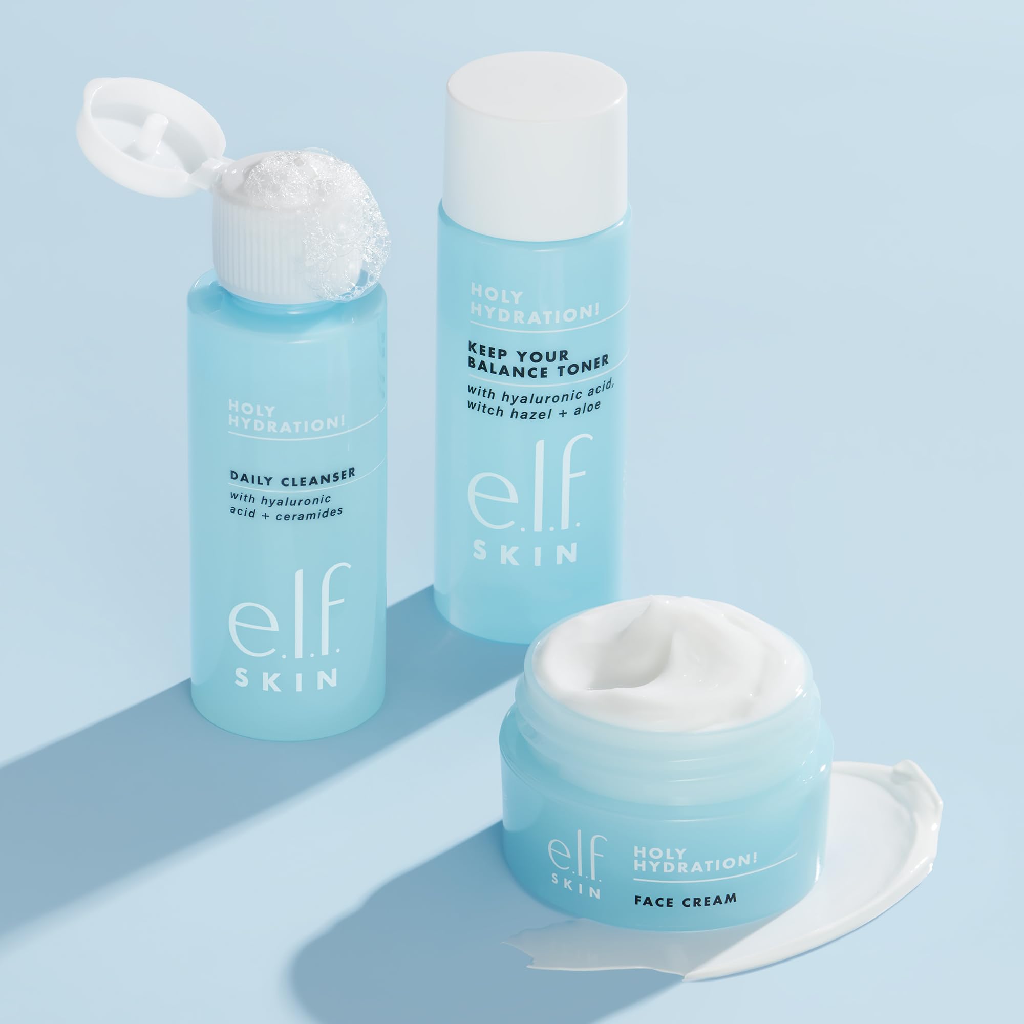e.l.f. travel-size packaging display showing on-the-go hydration ritual