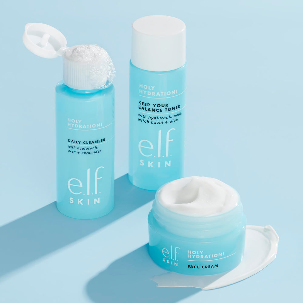 e.l.f. travel-size packaging display showing on-the-go hydration ritual