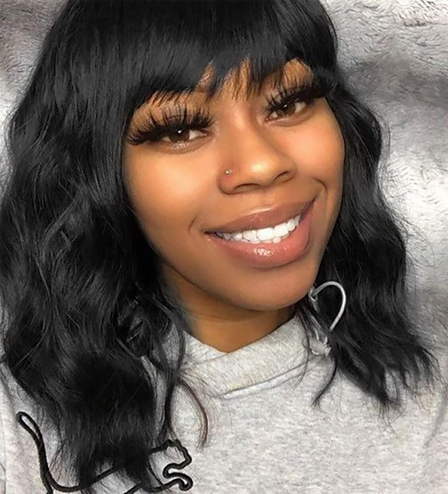 Elfairy 12in black wig with bangs — front view for natural, everyday style.
