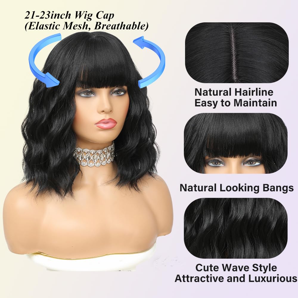 Elfairy short bob wig with bangs — side view for chic, face-framing silhouette.