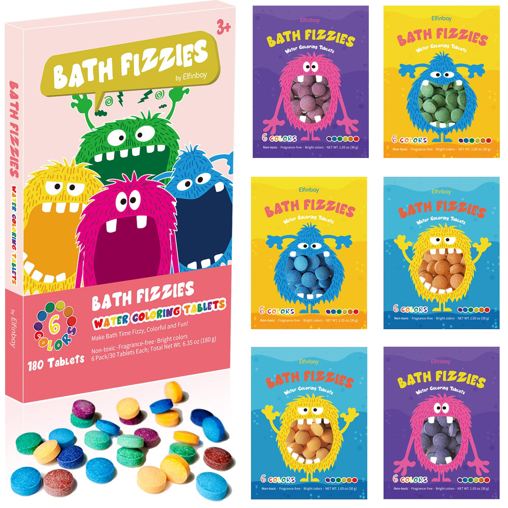 Elfinbay bath color tablets packaging with six resealable pouches for organized color fun