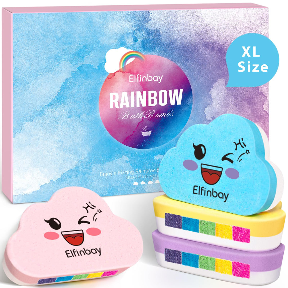 Elfinbay Rainbow Bath Bombs 4 XL pack ready for colorful kid baths