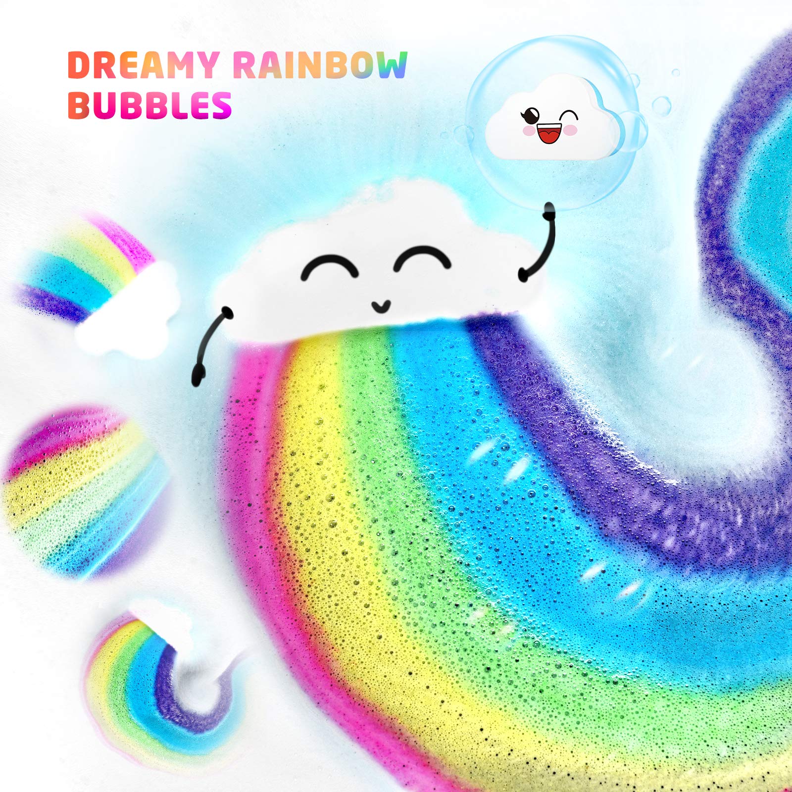Elfinbay Rainbow Cloud Bath Bomb close-up shows a large 3-ounce size for a longer soak.