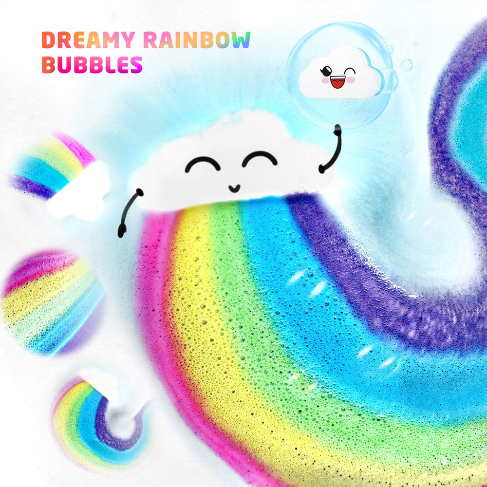 Elfinbay Rainbow Cloud Bath Bomb close-up shows a large 3-ounce size for a longer soak.