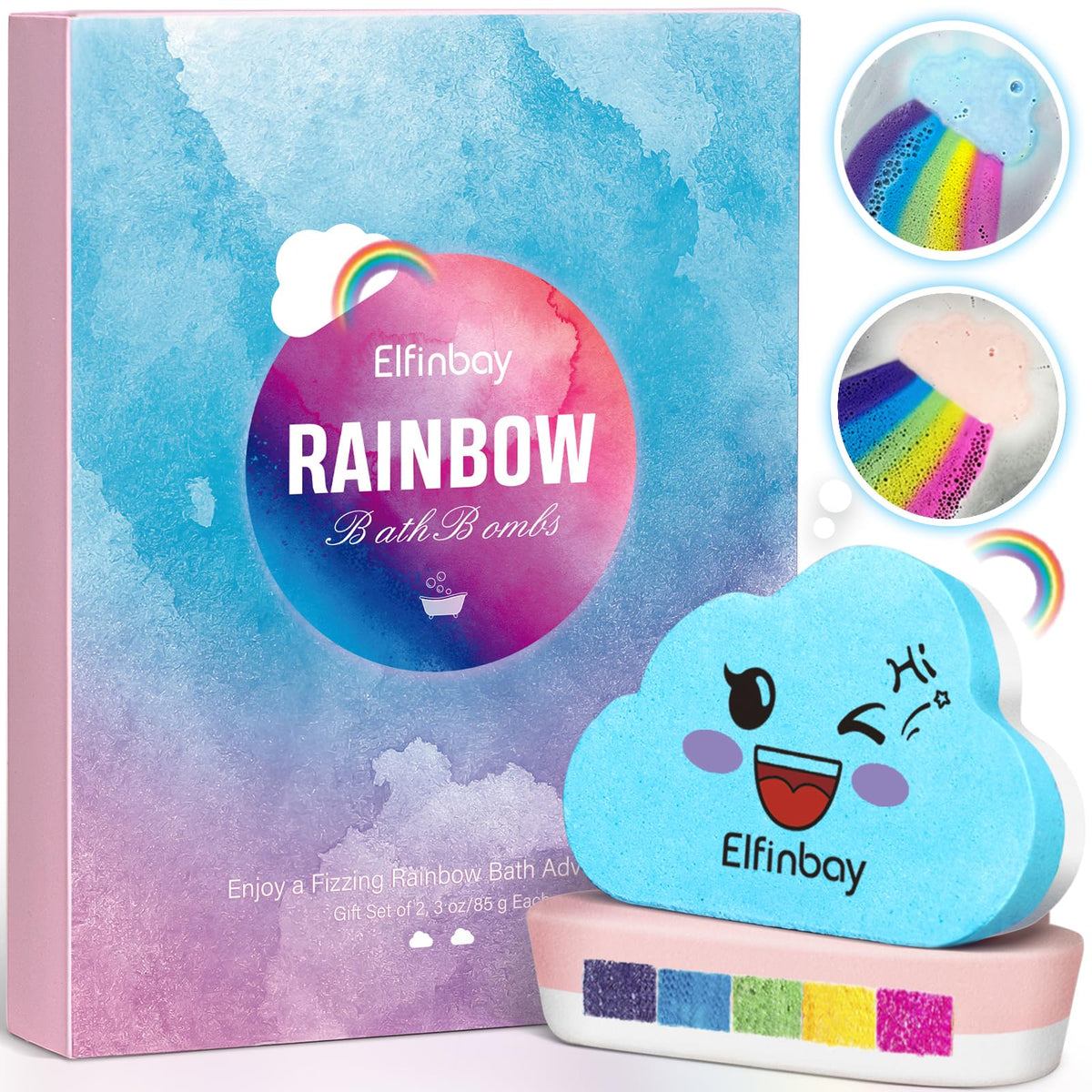 Elfinbay Rainbow Cloud Bath Bomb packaging, gift-ready design perfect for celebrations.