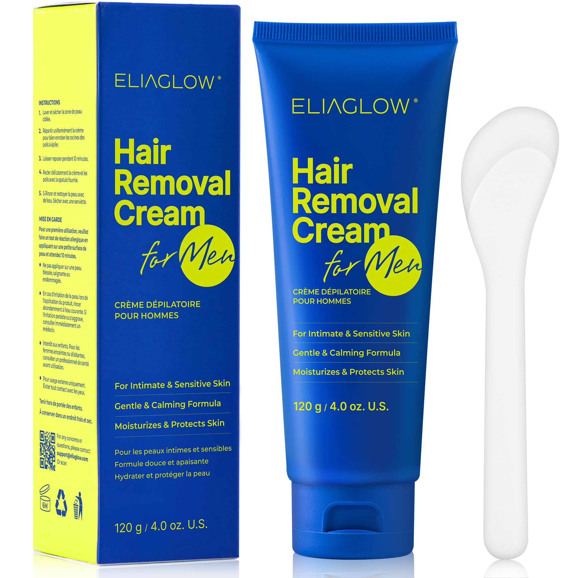 ELIAGLOW intimate-use hair removal cream bottle demonstrates gentle, pain-free results for delicate areas.