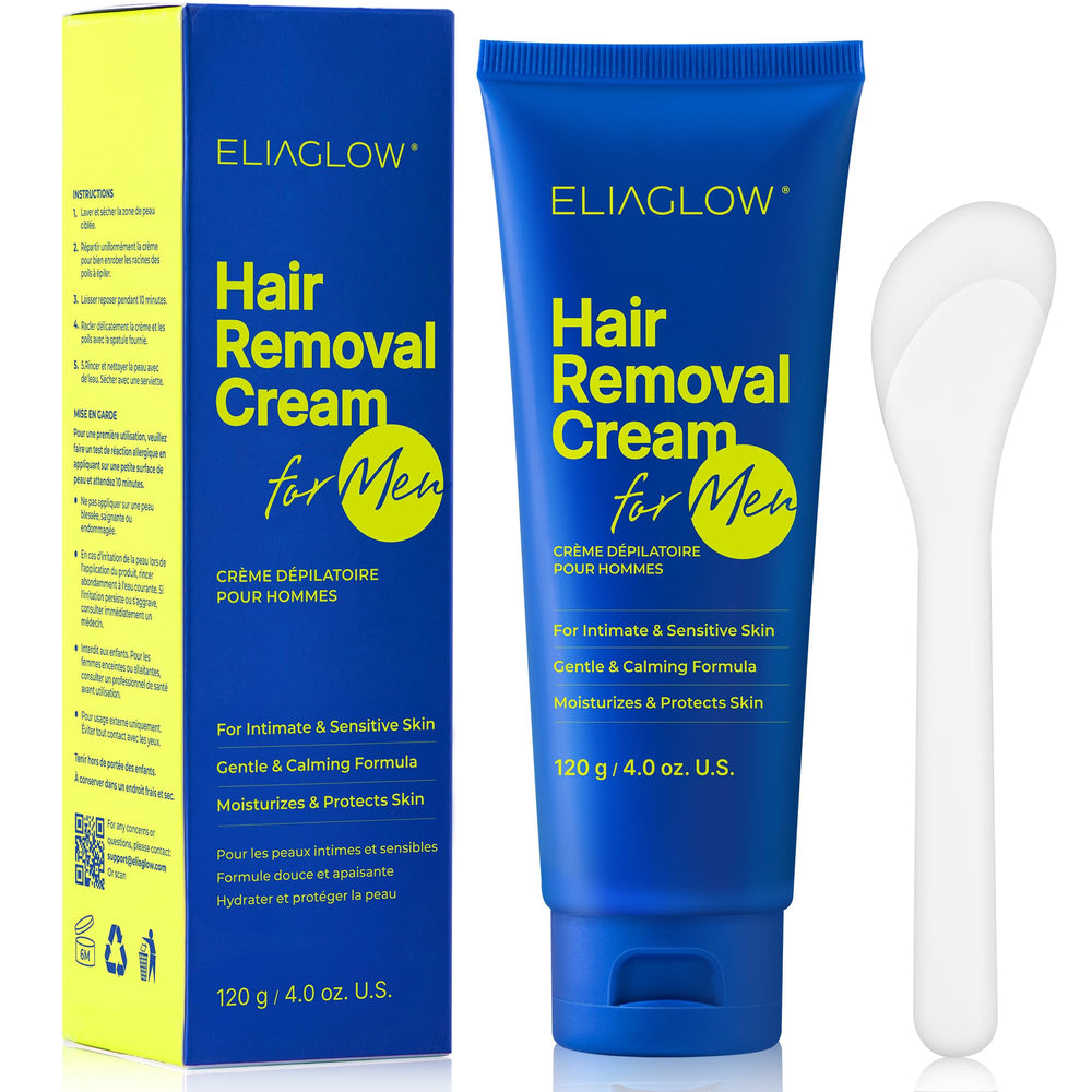 ELIAGLOW intimate-use hair removal cream bottle demonstrates gentle, pain-free results for delicate areas.