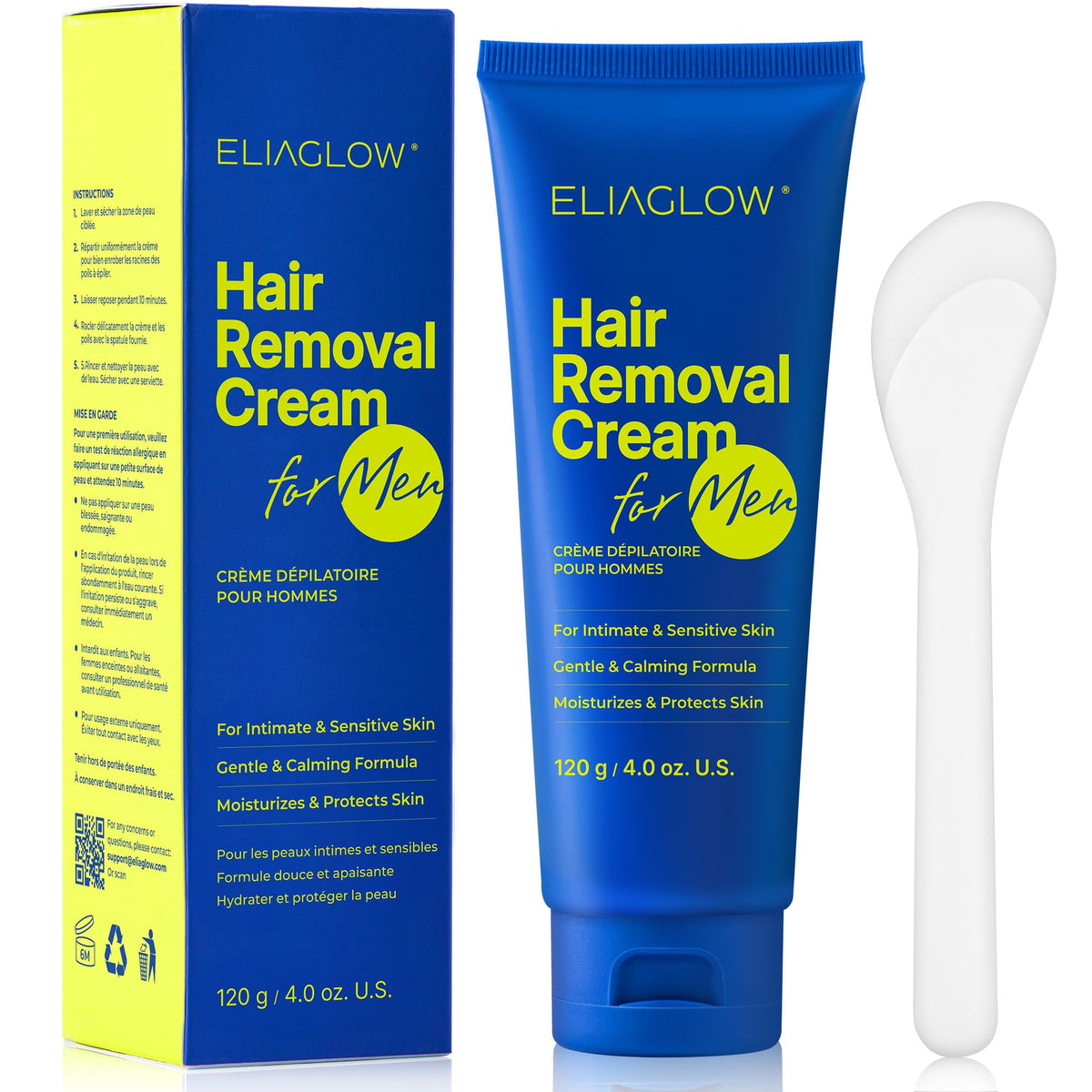 ELIAGLOW intimate-use hair removal cream bottle demonstrates gentle, pain-free results for delicate areas.