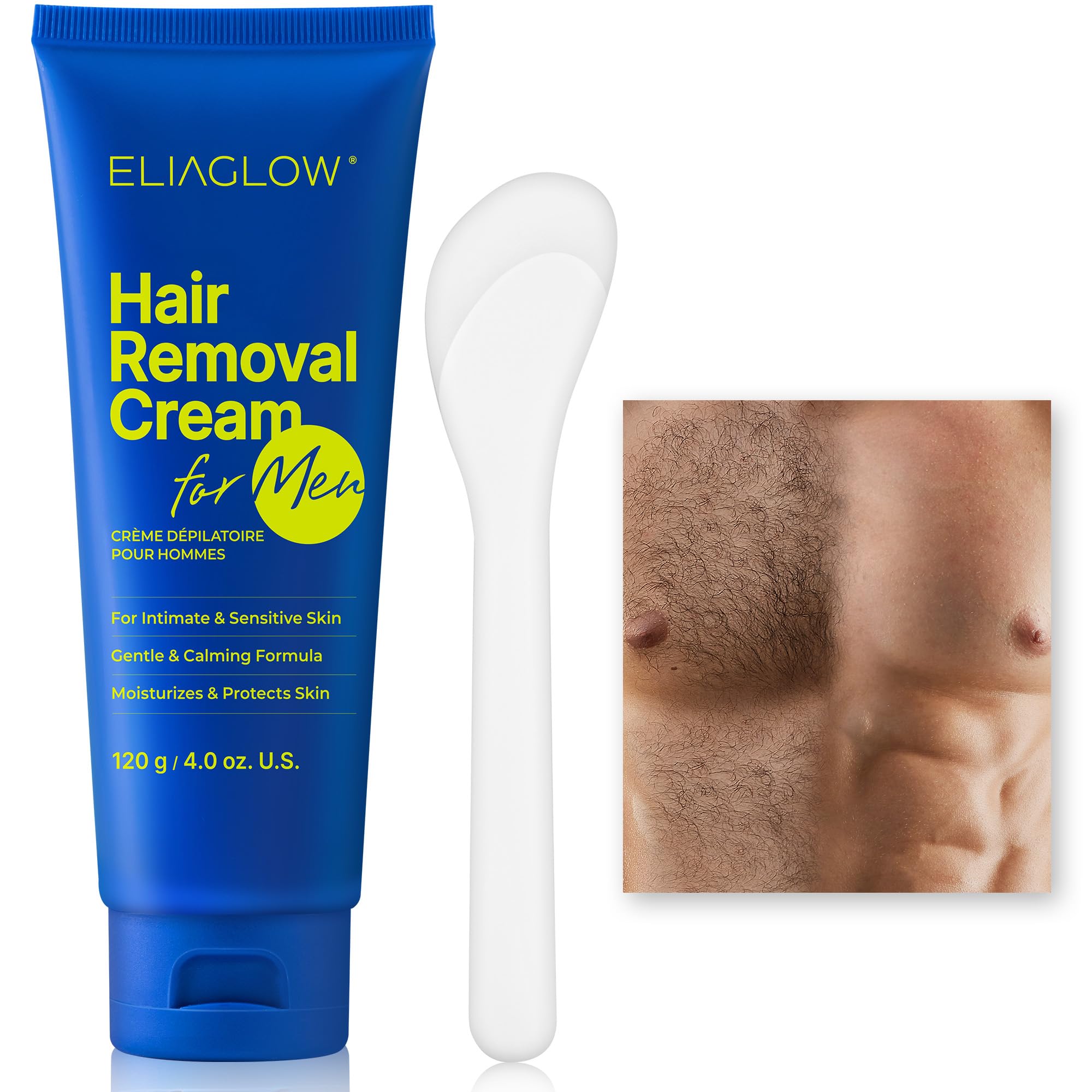 ELIAGLOW intimate-use hair removal cream bottle demonstrates gentle, pain-free results for delicate areas.