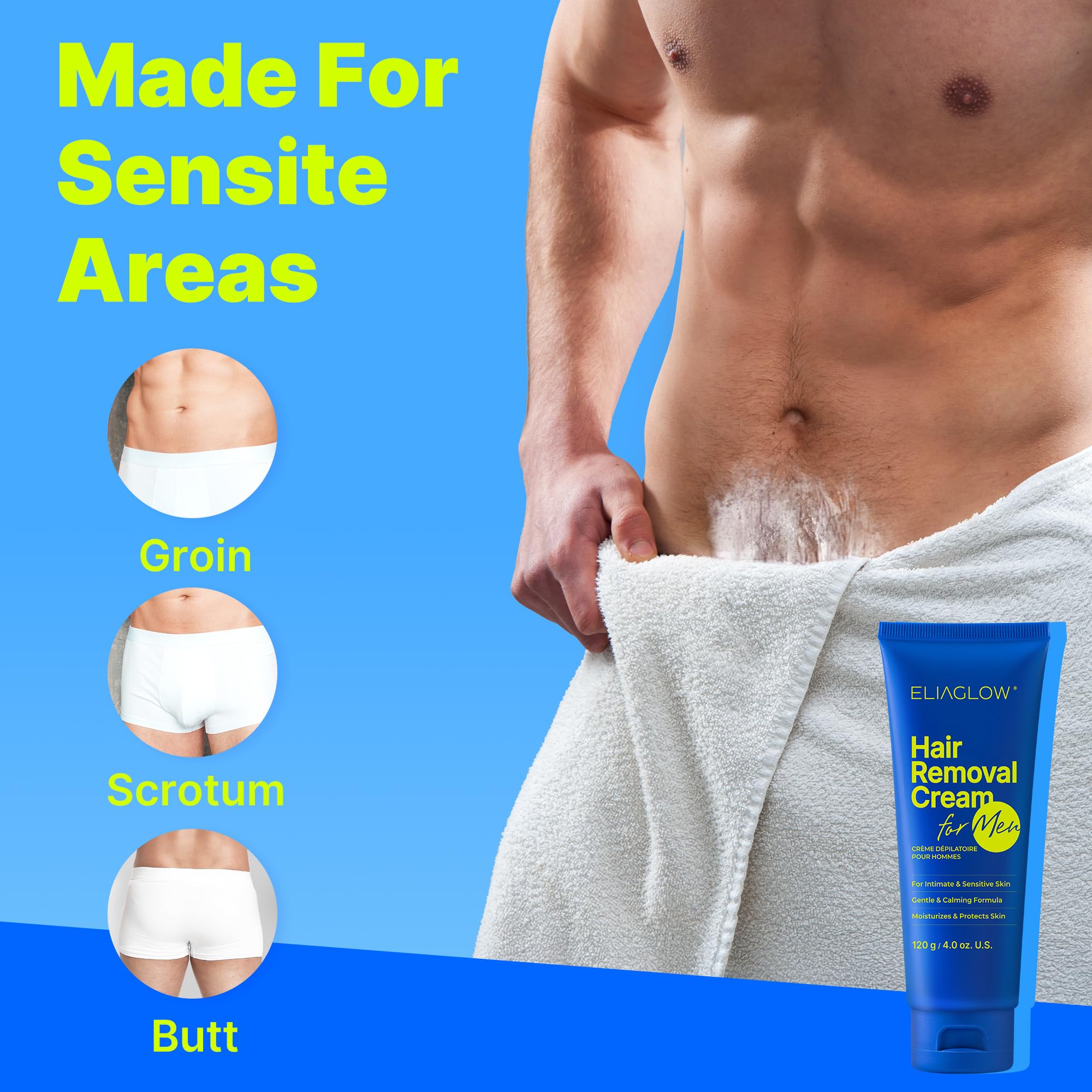 ELIAGLOW underarms cream bottle highlights quick, comfortable removal for sensitive skin.
