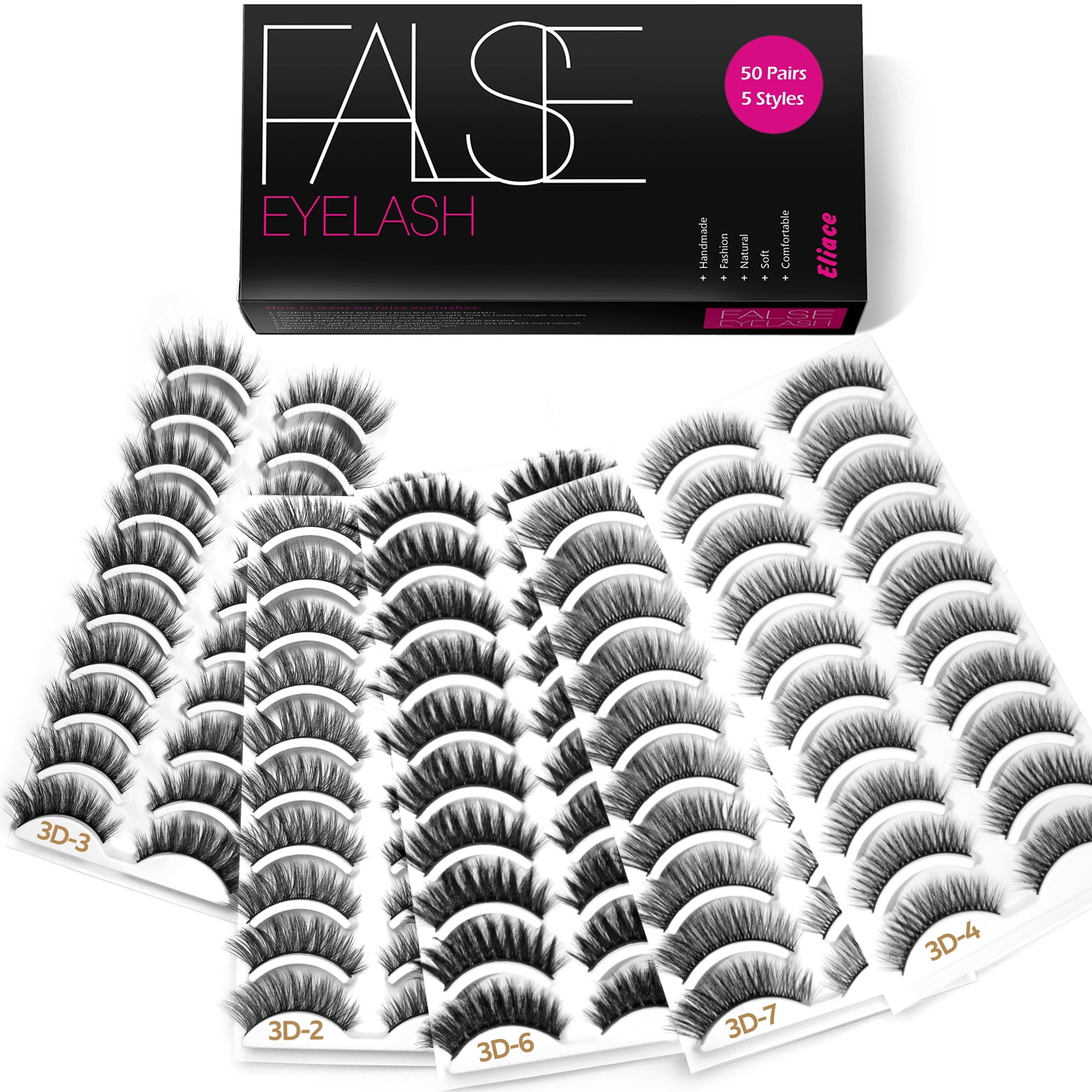 Eliace Eyelashes 50-pairs pack front view for daily wear and versatile styles