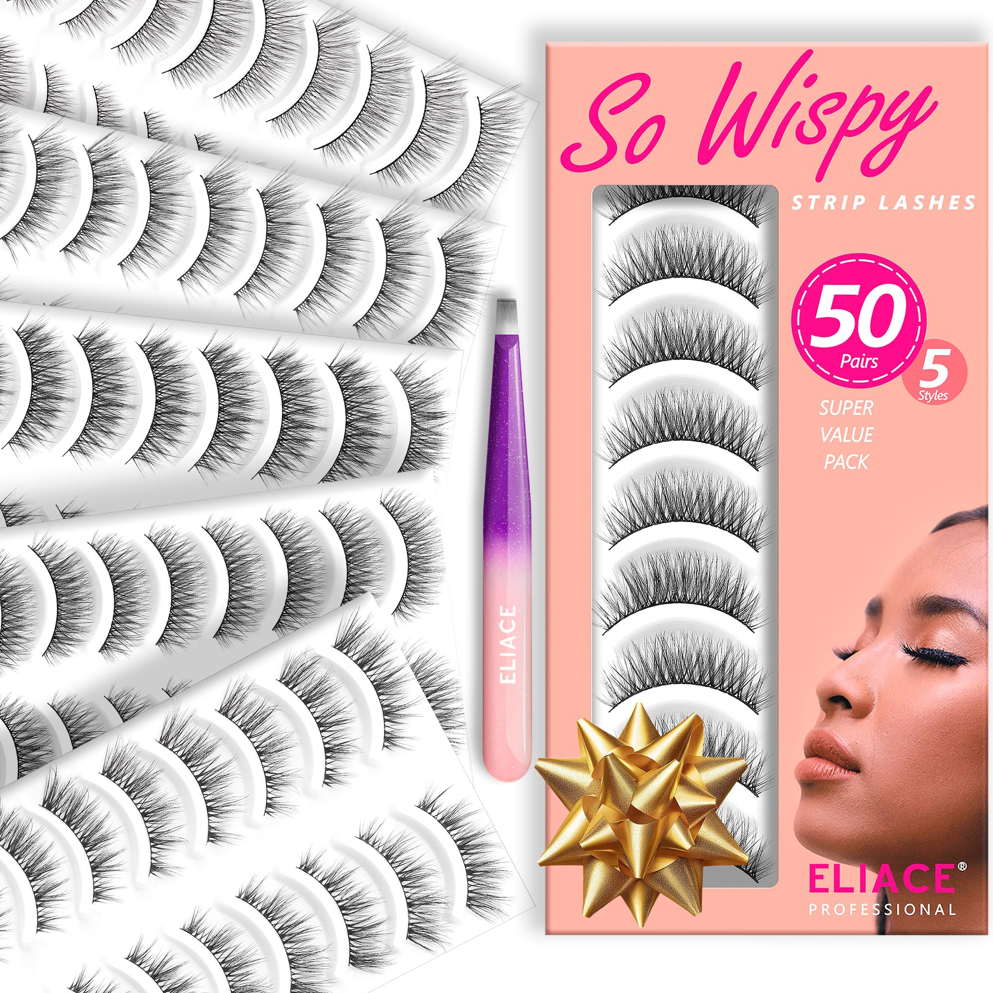 Eliace 50-pair cat-eye lashes pack for versatile daily glam