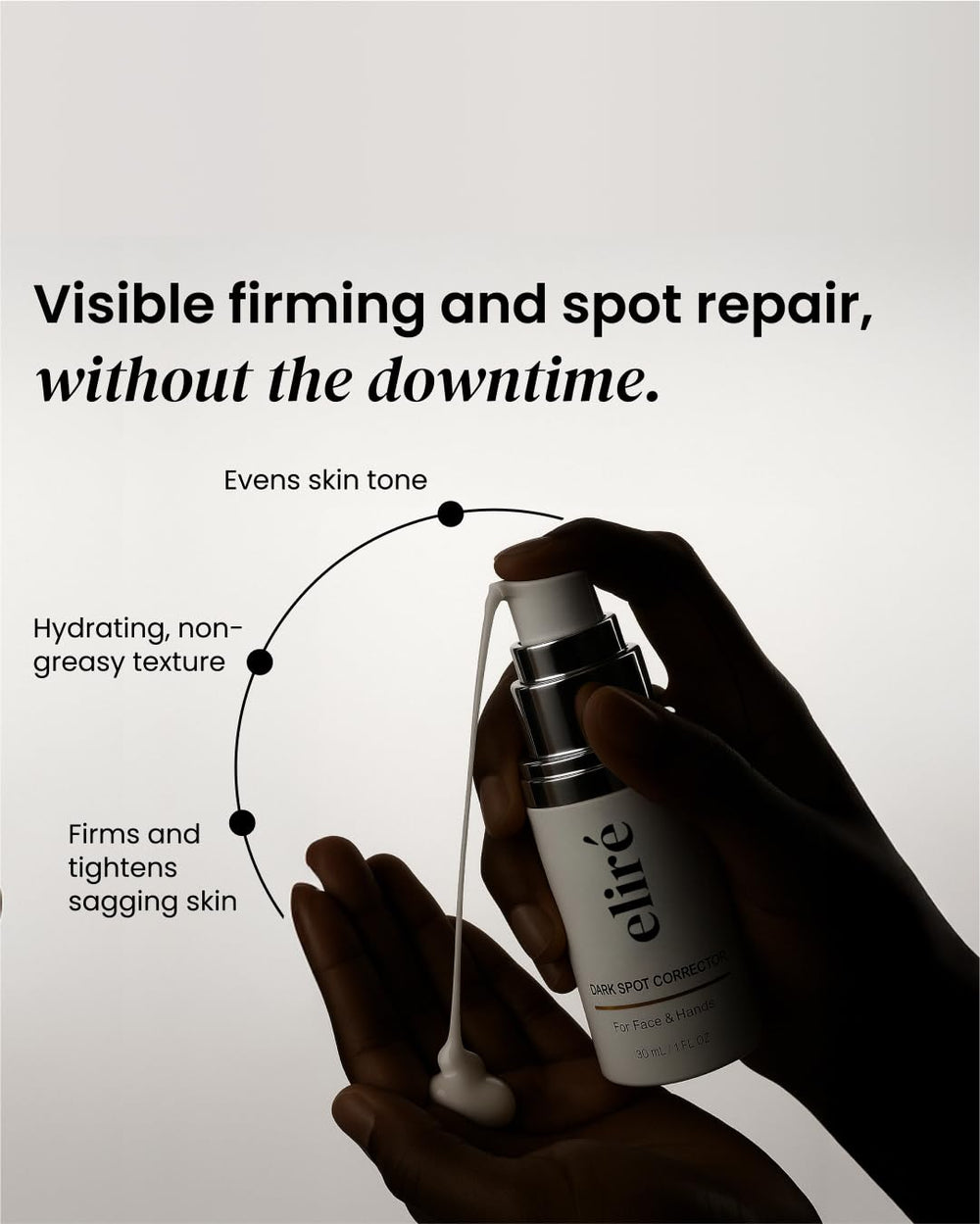 Eliré Radiance & Renewal Serum glow on skin suggests hydration and smoother texture