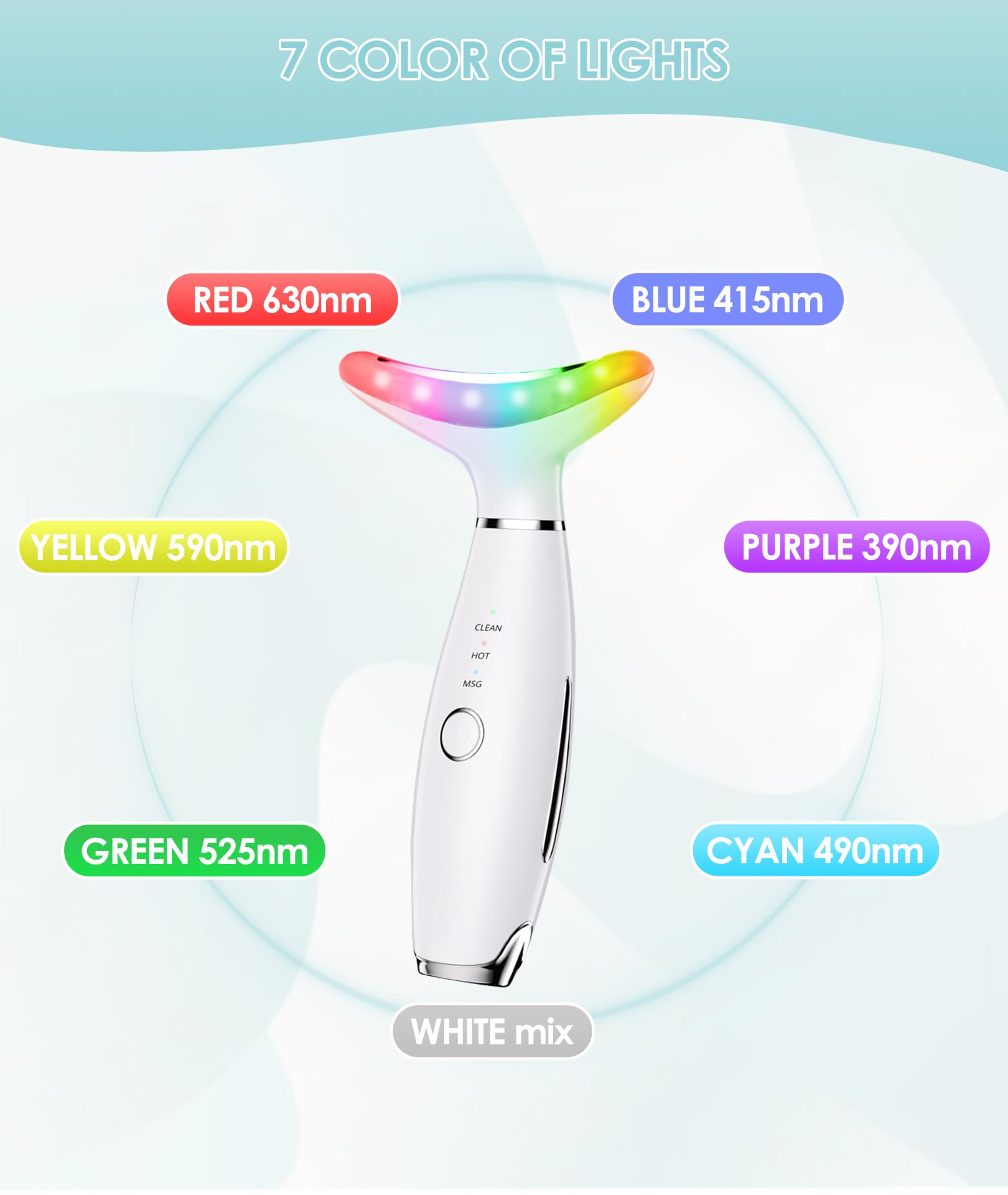 ELISHINE 7Color Neck Face Massager mode selector shows seven color modes for customization