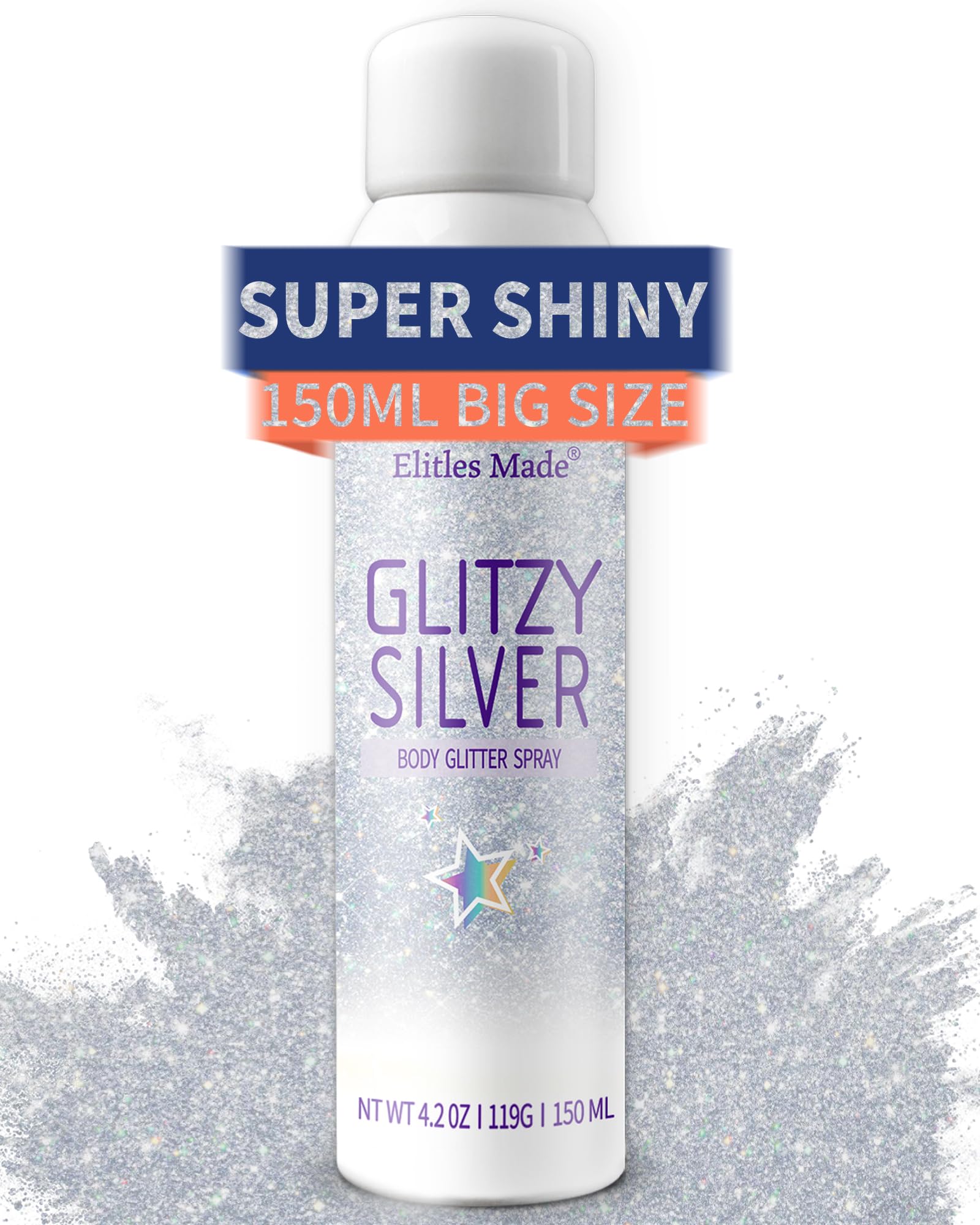 Elitles Made hair glitter spray bottle front showing shimmering silver finish for festival looks