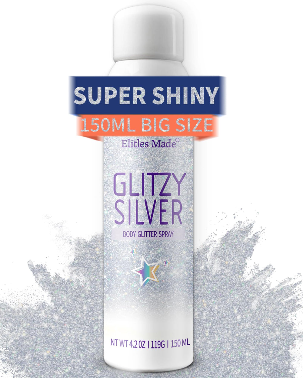 Elitles Made hair glitter spray bottle front showing shimmering silver finish for festival looks
