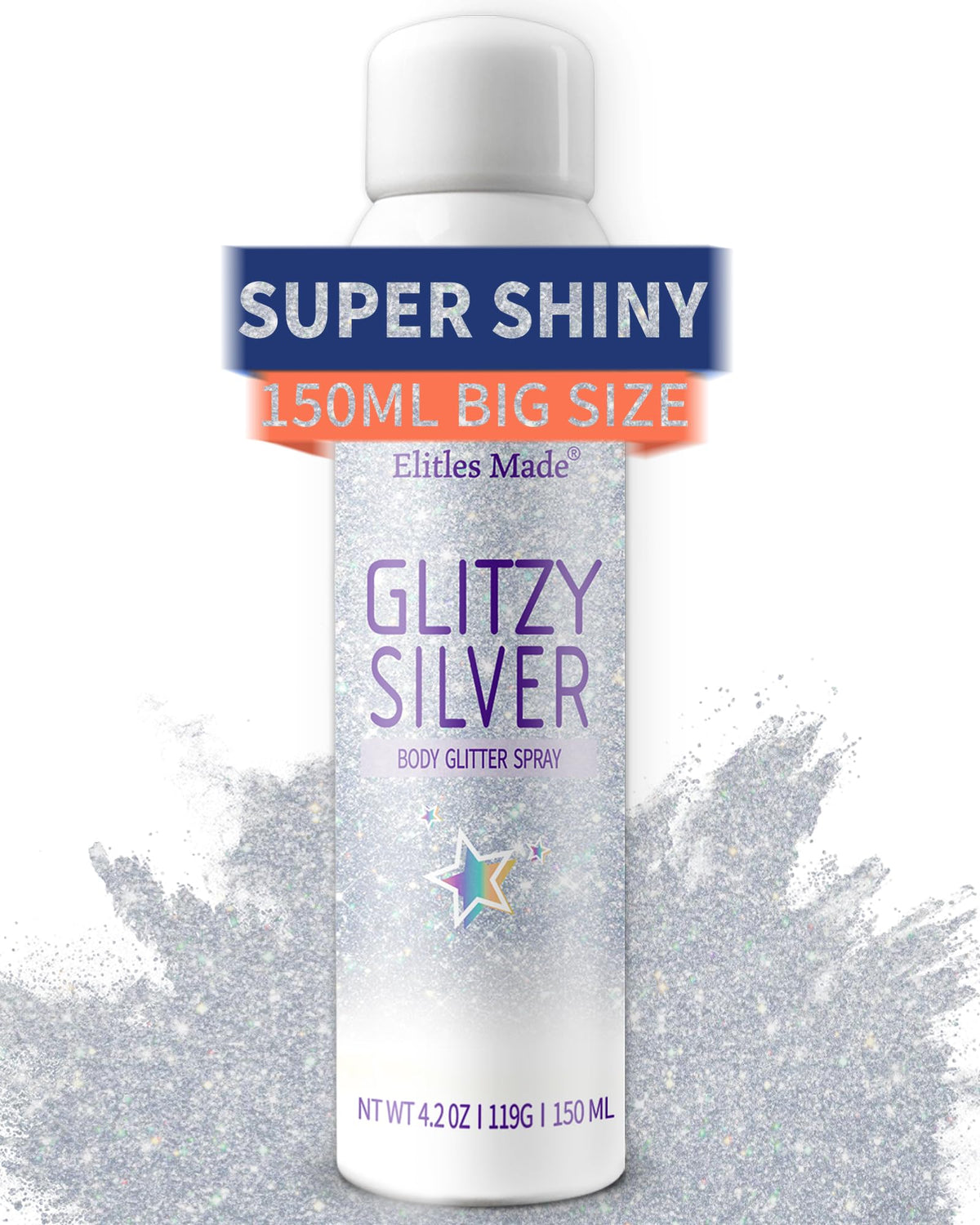 Elitles Made hair glitter spray bottle front showing shimmering silver finish for festival looks