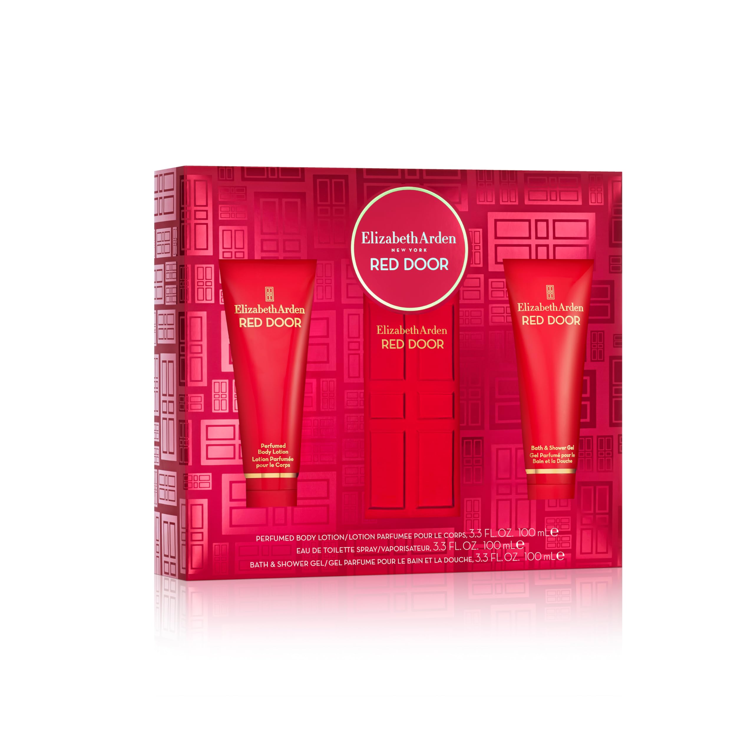 Elizabeth Arden Red Door 3Pc Set packaging highlights glamour and a fragrance trio ideal for gifting.