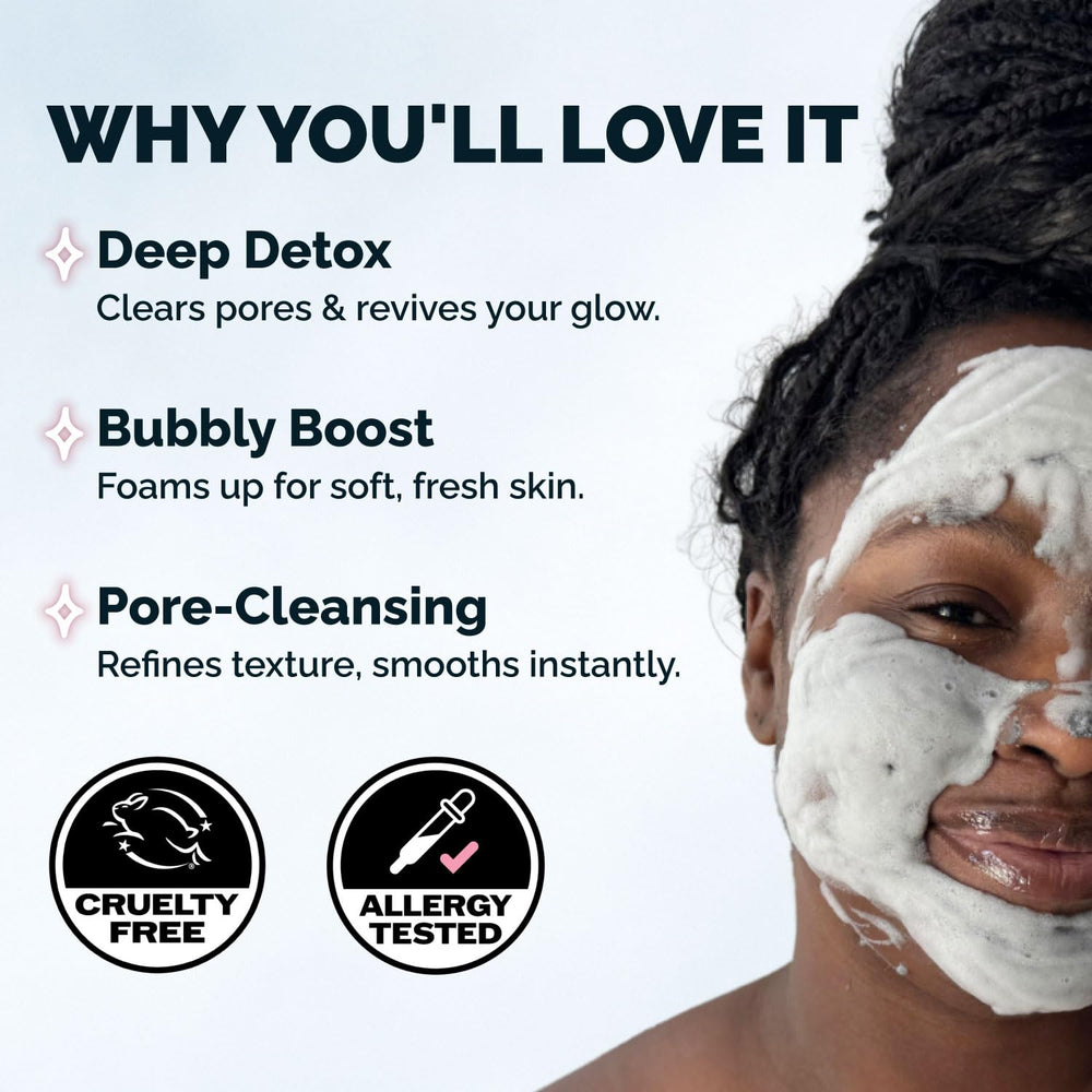 Elizabeth Mott carbonated bubble detox mask packaging closeup highlights new cruelty-free design.