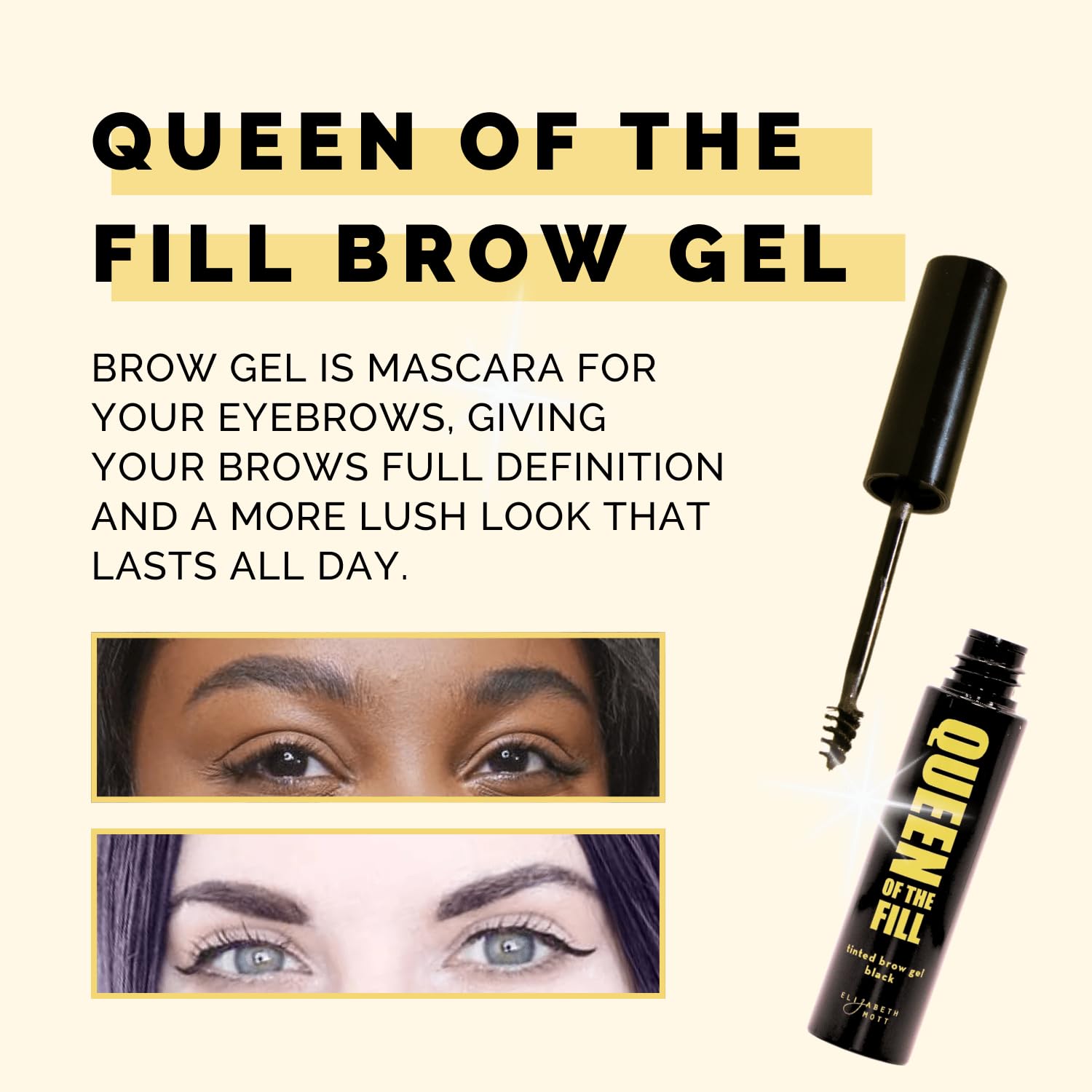 Elizabeth Mott Queen of the Fill brow gel water-resistant wear indicated by close-up.