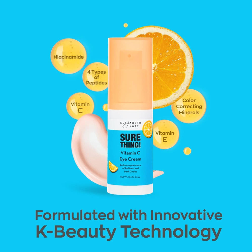 Elizabeth Mott Sure Thing Vitamin C Eye Cream packaging on a vanity shelf