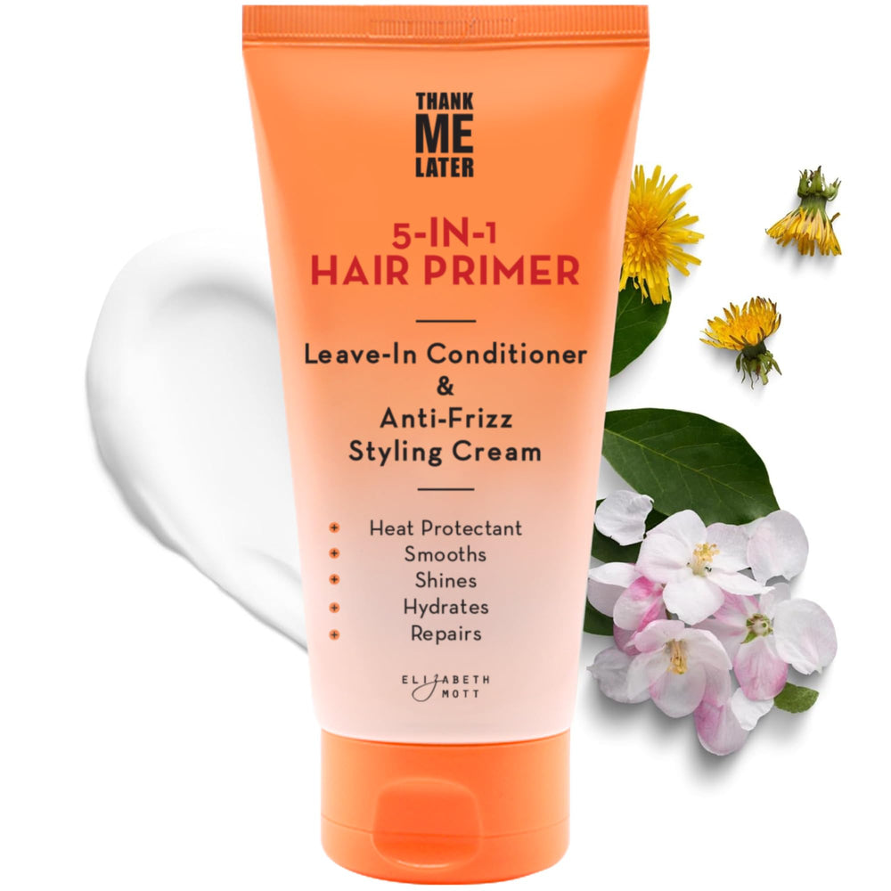 Elizabeth Mott Thank Me Later 5-in-1 Hair Primer bottle for hydrating heat protection.