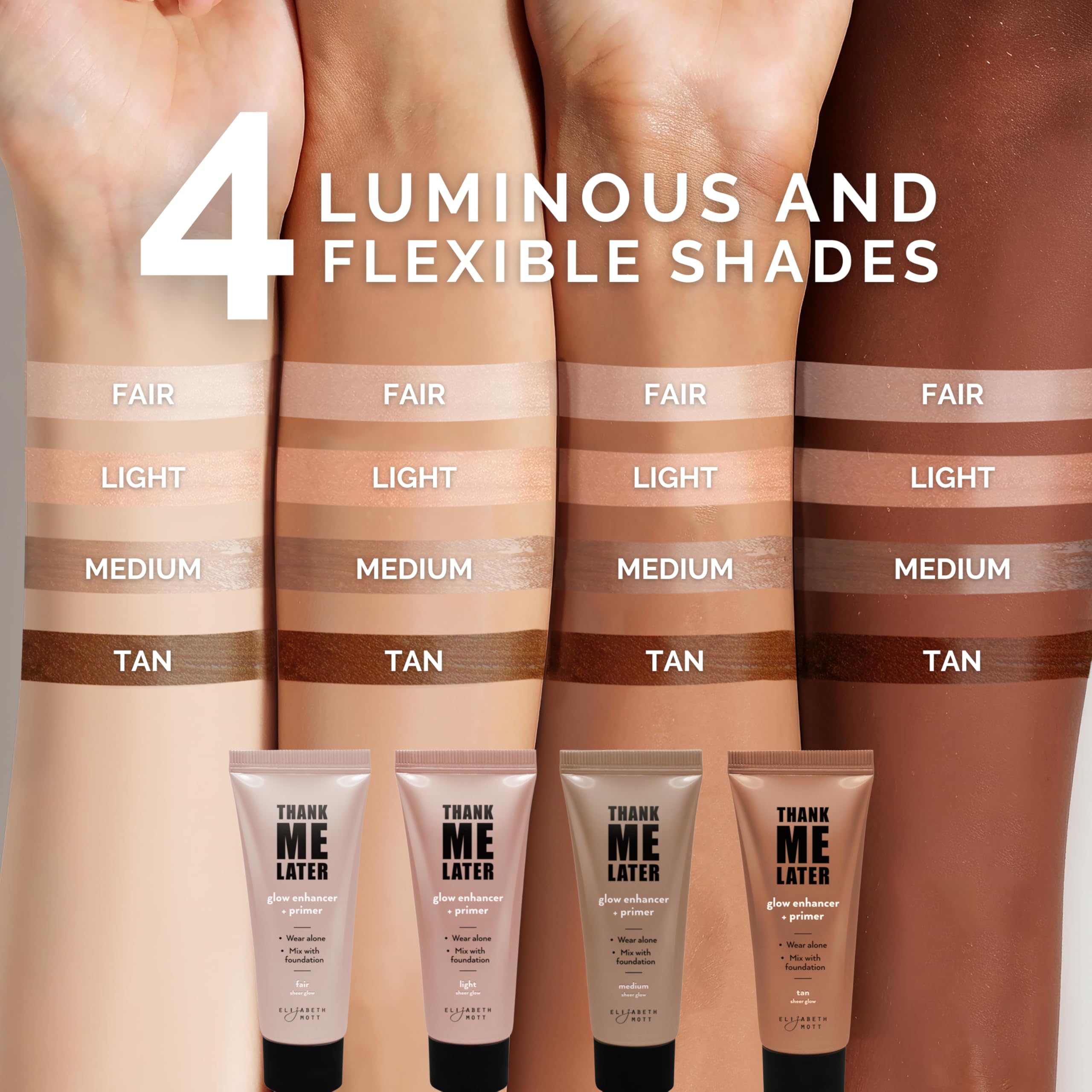Elizabeth Mott Thank Me Later dewy finish shown on skin for day-to-night radiance
