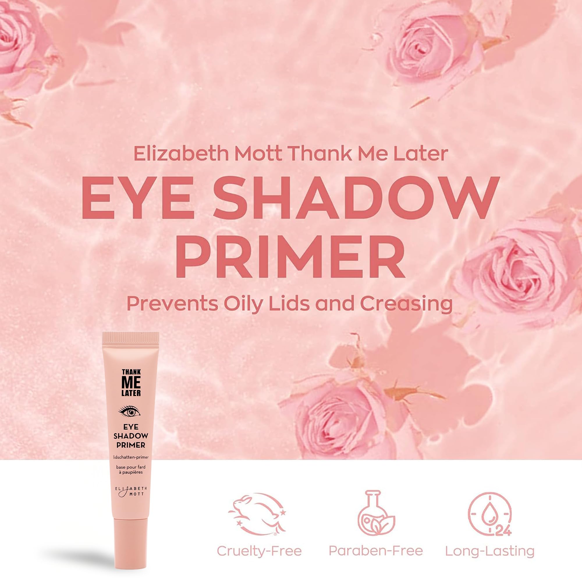 Elizabeth Mott Thank Me Later Eye Primer before and after demonstrates crease-free, vivid eye color.
