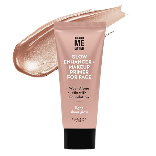 Elizabeth Mott Glow Enhancer primer bottle shows dewy, hydrated skin benefits