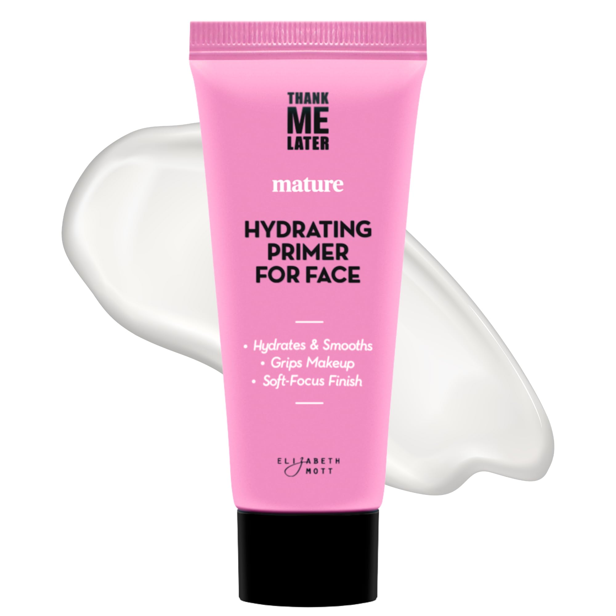 Elizabeth Mott Thank Me Later Primer bottle closeup for hydrated skin and smooth base.