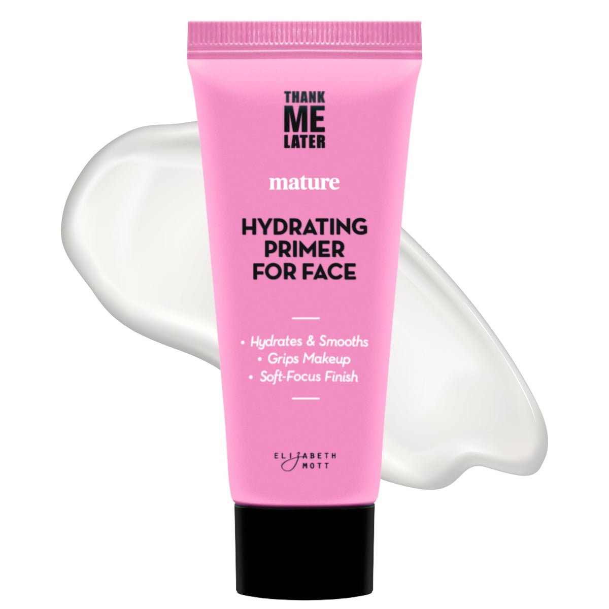 Elizabeth Mott Thank Me Later Primer bottle closeup for hydrated skin and smooth base.